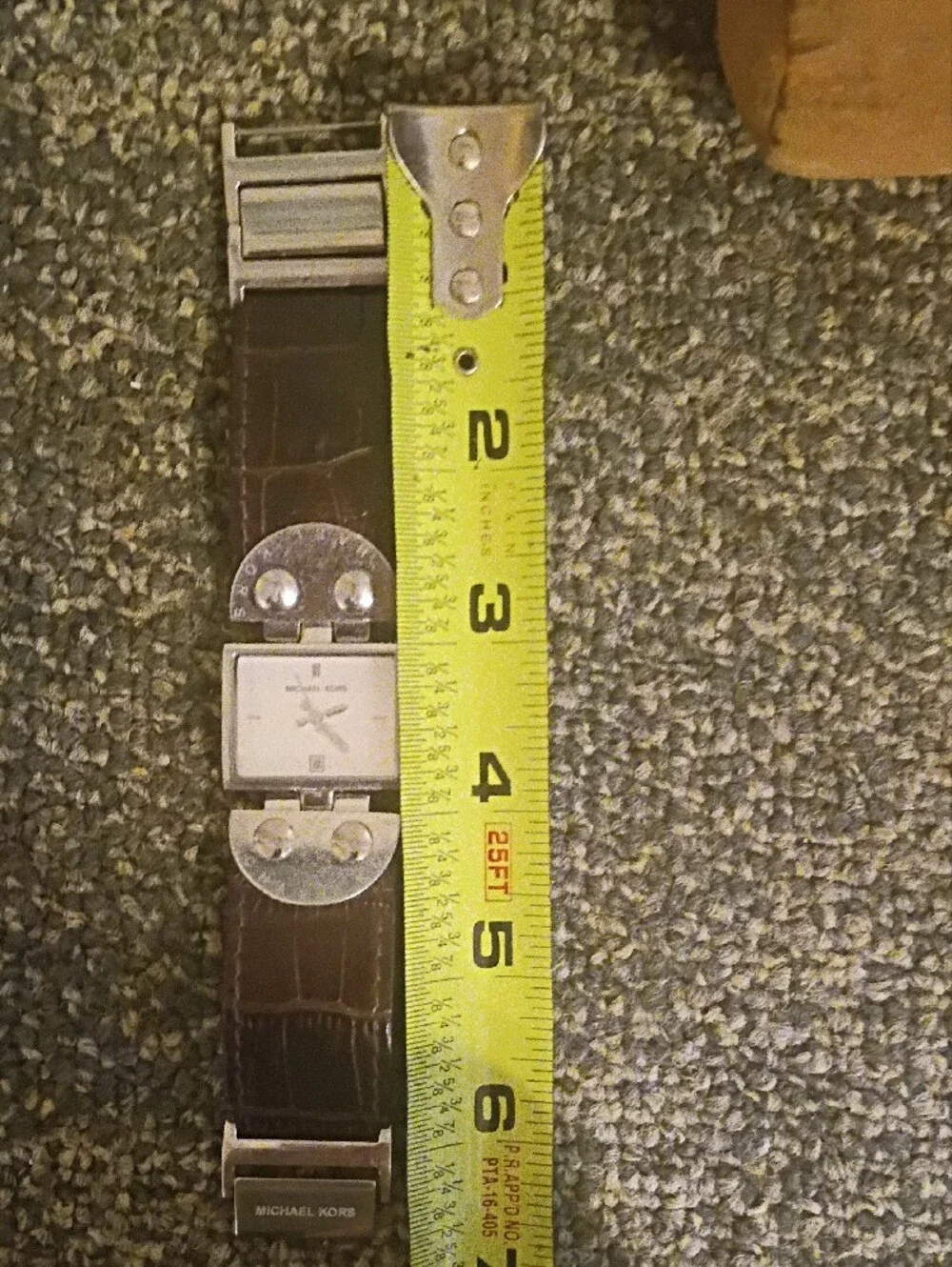 Michael Kors Silver Rectangular Dial Watch with Brown Leather Strap